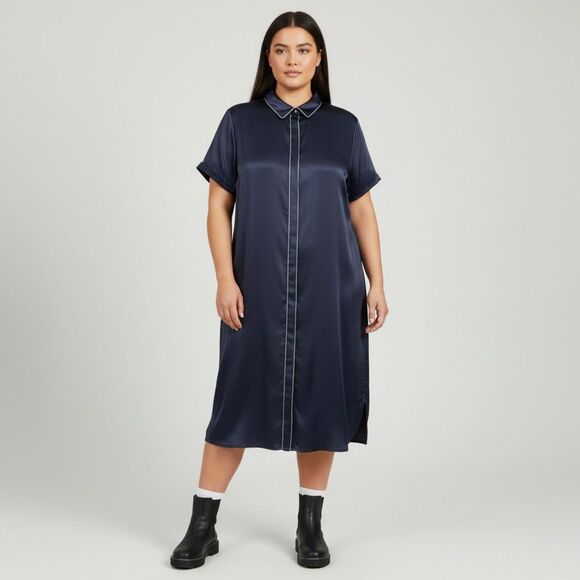 Wildfang Dresses & Skirts - WILDFANG The Empower Satin Shirt Shift Dress Navy Blue, NWT! Size XL